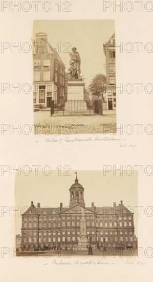 Views of Amsterdam, album page, photograph, View of the Botermarkt and the Royal Palace Amsterdam.