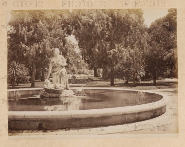 View of a fountain on the Pincio in Rome, album page, photograph, This photo is part of an album.,