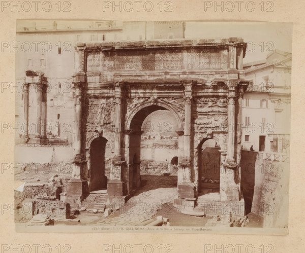 View of the Arch of Septimius Severus at the Roman Forum in Rome, album page, photograph, This
