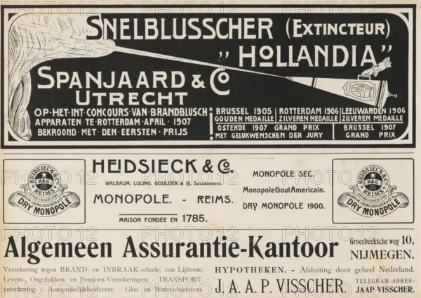 Advertisements, album page, Advertisements for, among others, Snelblusscher 'Hollandia', Heidsieck