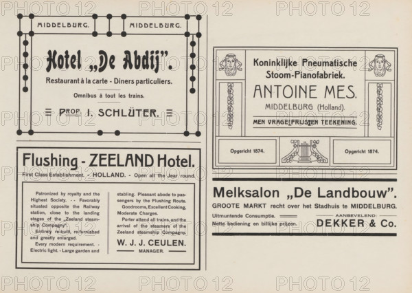 Advertisements, album page, Advertisements for, among others, Hotel de Abdij, Royal Pneumatic Steam