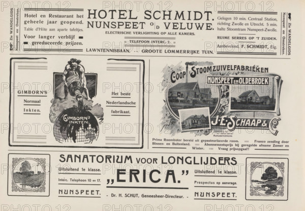 Advertisements, album page, photomechanical print, Advertisements for, among others, Hotel Schmidt,