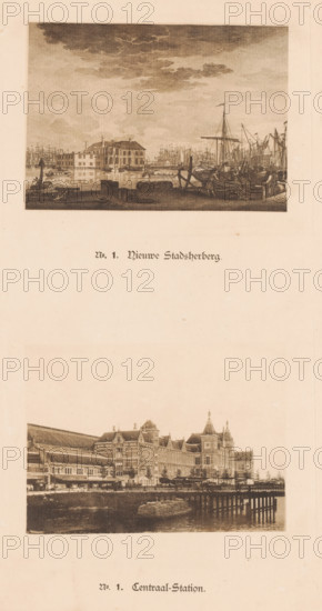 Two views of Amsterdam Central Station, one of which is a reproduction of a print of the new city