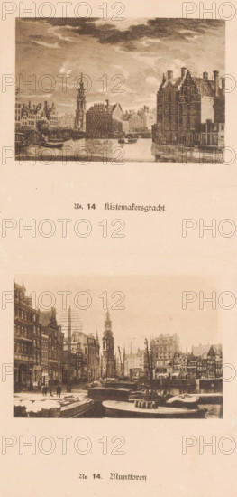Two views of the Binnen-Amstel and the Munttoren in Amsterdam, one of which is a reproduction of a