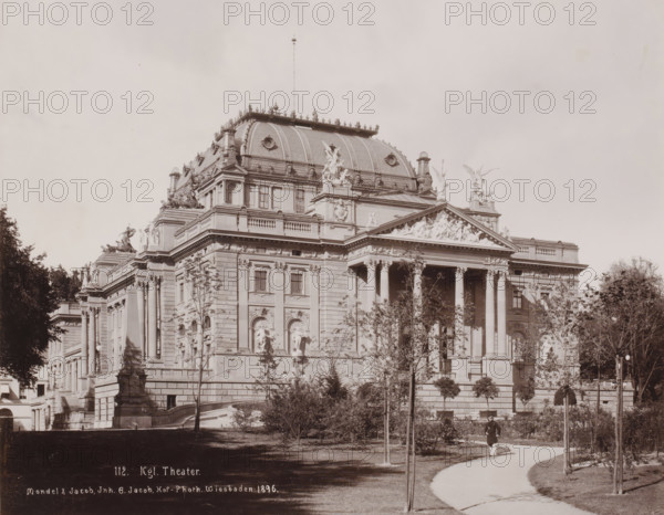 Royal Theater, Wiesbaden, Germany, photograph, View of the Royal Theater, with a park, and a man in