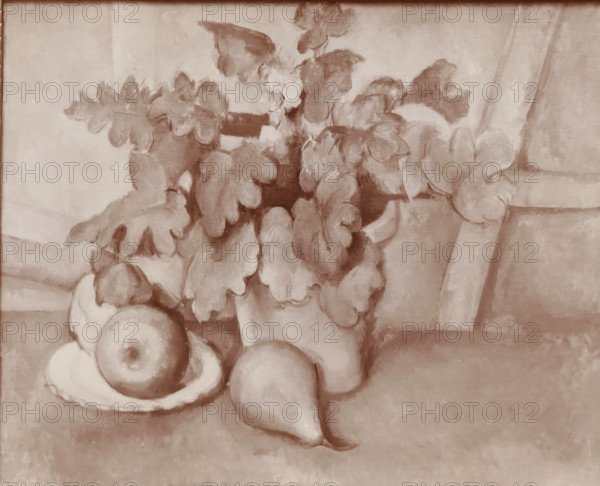 Photo reproduction of a painting with still life with fruit and plants by Paul Cézanne from the