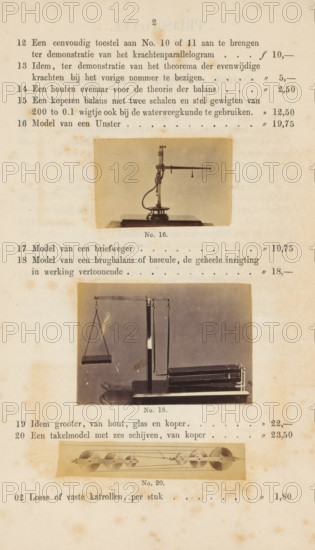Three photographs of physics instruments, photograph, page, Above a model of a steelyard balance,