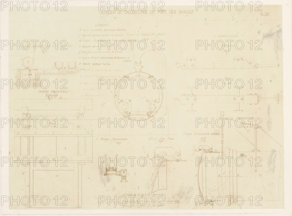 Photo reproduction of design drawings of pumps, clamps, and rails for a creosoting workshop,