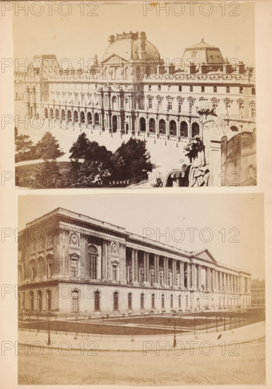 Two exteriors of the Musée du Louvre in Paris, Le Louvre, photograph, page, Paris, c. 1882 - in or