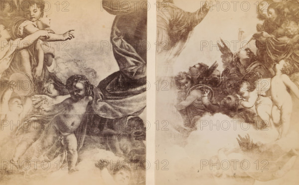 Two photo reproductions of a painting depicting the Ascension of Mary, photograph, reproduction,