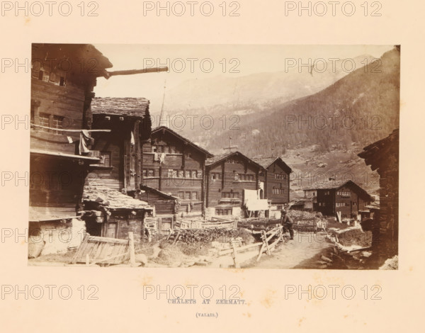 View of chalets in Zermatt, Châlets at Zermatt, photograph, page, inscription: '(valais)',