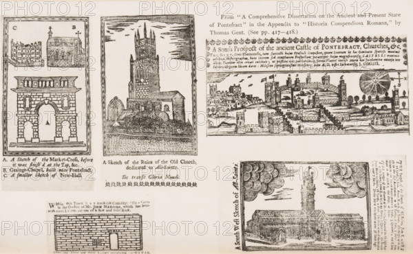 Reproduction of five drawings of buildings in Pontefract, reproduction, page, photomechanical