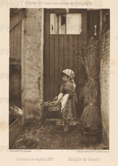 View of a girl with a basket near a goat, page, photomechanical print, inscription: 'Bulletin de