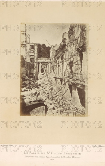 View of the remains of the grand rooms and grand staircase in the Château de Saint-Cloud after the