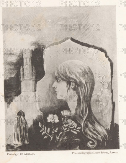 Reproduction of a design for a montage of a person in a cloak, flowers, a tower and a portrait of