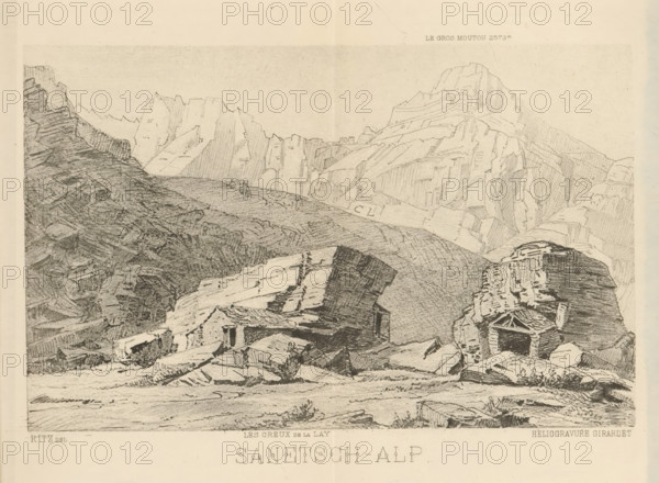 Sanetsch-Alp, Reproduction of a drawing of a view of Col du Sanetsch in the Alps, Switzerland,