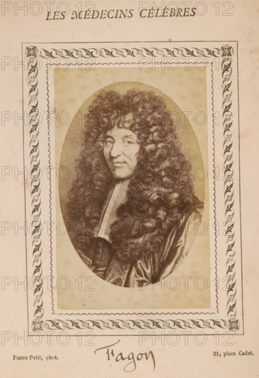 Photo reproduction of a portrait of Guy-Crescent Fagon, photograph, reproduction, page,