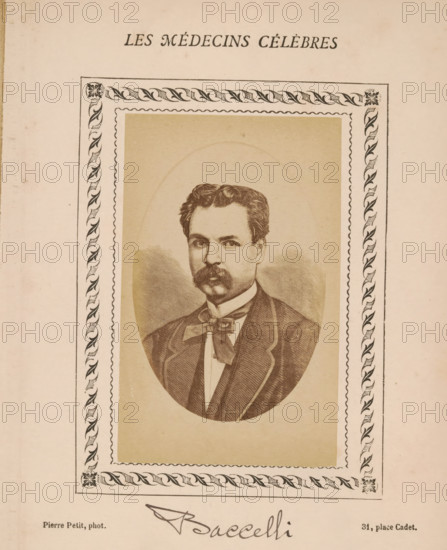 Photo reproduction of a portrait of Guido Baccelli, photograph, reproduction, page, annotation: