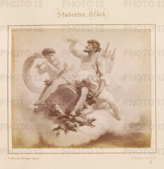 Photographic reproduction of a design of two men and a putti on a wine barrel by J. Carpey,