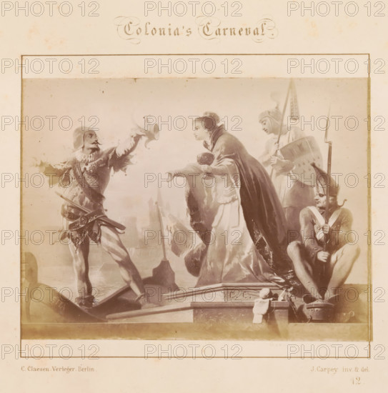 Colonia's Carnival, Photographic reproduction of a design of costumed revelers by J. Carpey,