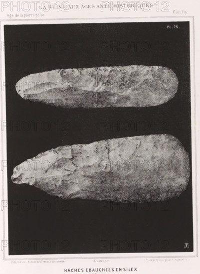 HACHES EBAUCHÉES EN SILEX 1, 1 nature, Flint axes, page, photomechanical print, number: 'Pl. 75',