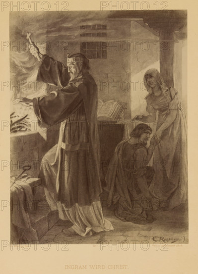 Reproduction of a drawing of a scene with Ingram and Winfried from Die Ahnen by Gustav Freitag, by