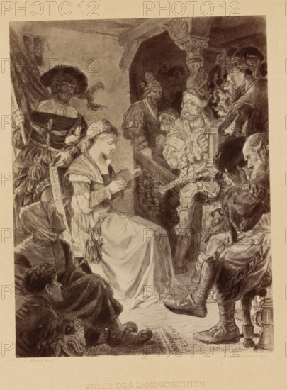 Unter den Landsknechten, Reproduction of a drawing of a scene from Die Ahnen by Gustav Freitag in
