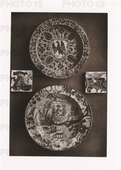 Two bowls and two earthenware tiles, displayed during the Exposition Rétrospective of 1873 in