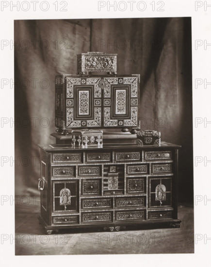 Two cabinets and three chests, displayed during the 1873 Exposition Rétrospective in Tours, France,