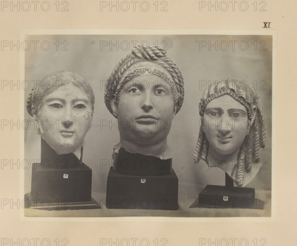 Three fragments of Egyptian sculptures, female heads, photograph, page, number: 'XI', c. 1890 - c.