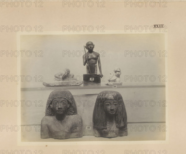 Five Egyptian objects, including two busts, photograph, page, number: 'XXIII', c. 1890 - c. 1895,