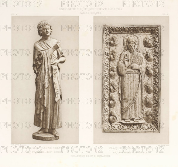 Sculpture of the Angel of the Annunciation and a sculpture of an Evangelist, at the Exposition