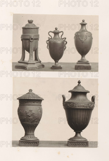 Five decorated vases, photograph, page, photographer: Joseph Cundall, c. 1868 - in or before 1873,