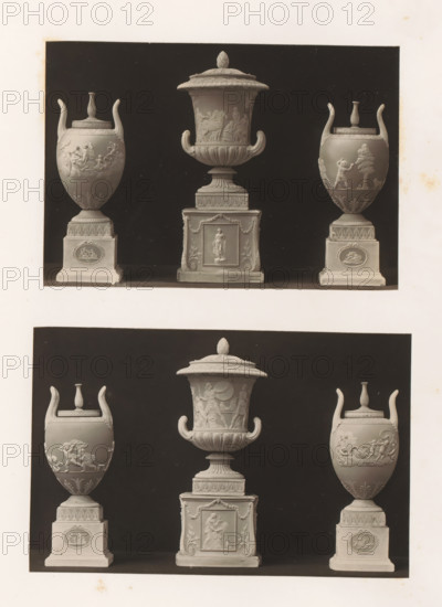 Six decorated vases and bases, photograph, page, photographer: Joseph Cundall, c. 1868 - in or