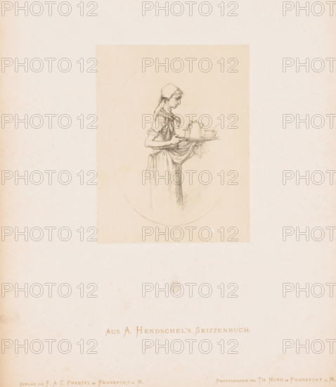 Photo reproduction of a sketch of a maid with a tray of coffee by Albert Hendschel, Aus A.