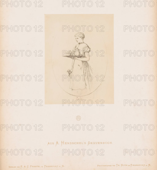 Photo reproduction of a sketch of a maid with a tray of coffee by Albert Hendschel, Aus A.