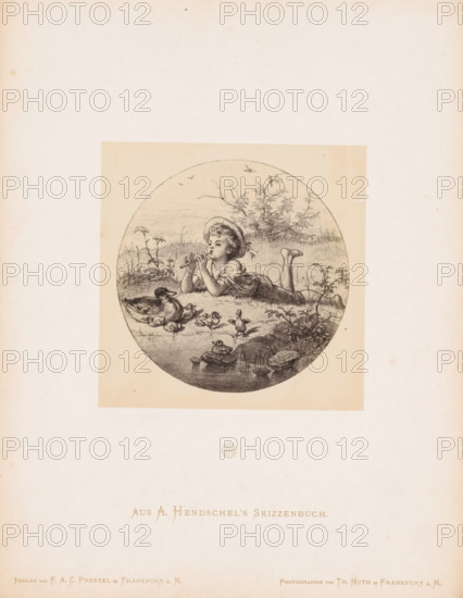 Photo reproduction of a reclining child playing a flute by Albert Hendschel, From A. Hendschel's