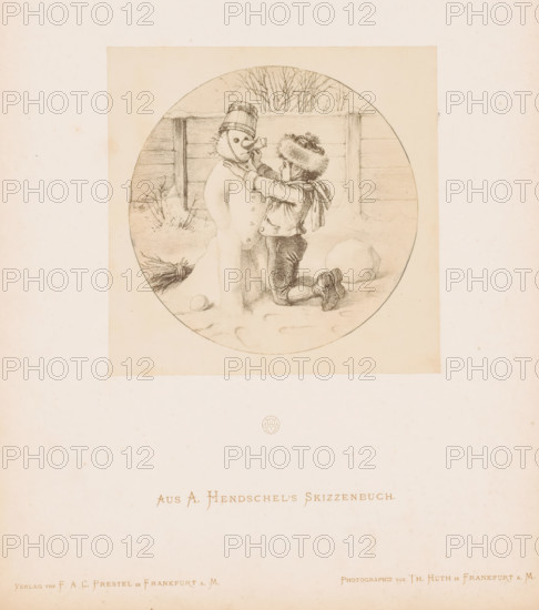 Photo reproduction of a sketch of a boy making a snowman, by Albert Hendschel, Aus A. Hendschel's