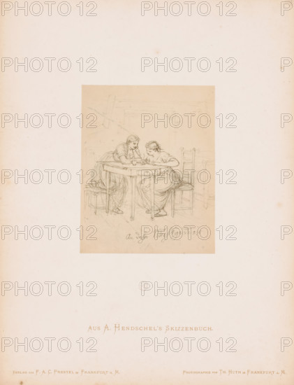 Photo reproduction of a sketch of two women at a table writing a letter, by Albert Hendschel, Aus A