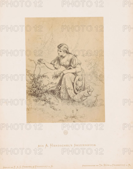 Photo reproduction of a sketch of a girl picking flowers by Albert Hendschel, Aus A. Hendschel's