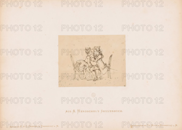 Photo reproduction of a sketch of two children reenacting a visit to the eye doctor, by Albert