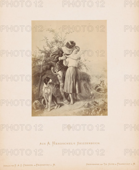 Photo reproduction of a sketch of a hunter and his beloved by Albert Hendschel, Aus A. Hendschel's