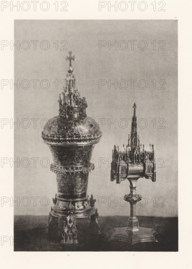 Gilded silver vase and a monstrance, displayed at an exhibition on religious objects from the