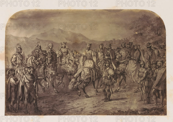 Photo reproduction of a print of an army of Germans, photograph, reproduction, page, after print by