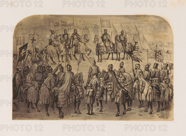 Photo reproduction of a print of the Third Crusade, photograph, reproduction, page, after print by