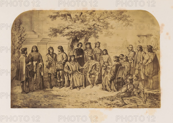 Photo reproduction of a print of the court of Lorenzo I de'Medici, photograph, reproduction, page,