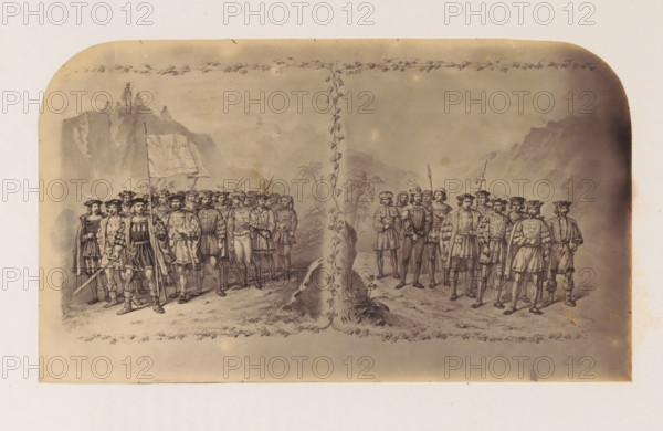 Photo reproduction of a print of Christopher Columbus and Vasco da Gama with their troops,