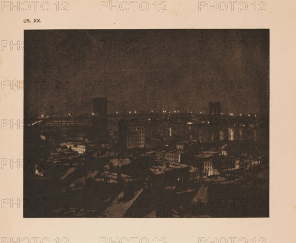 View of New York with the Brooklyn Bridge, page, photomechanical print, inscription: 'US. XX.',