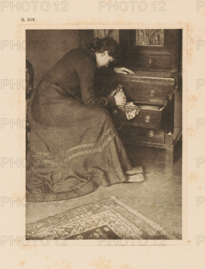 Woman at a chest of drawers, page, photomechanical print, inscription: 'G. XIV.', inscription: