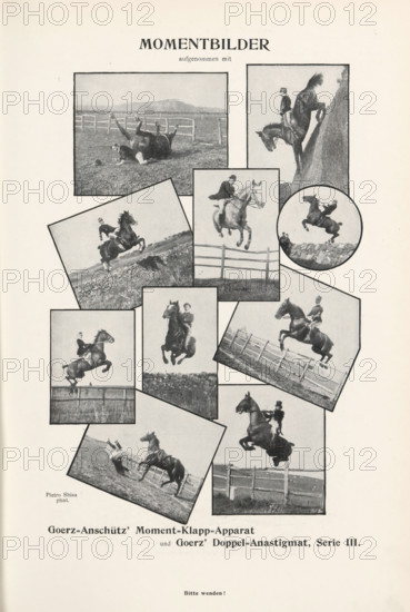 Collage of eight images of jumping horses with riders, page, photomechanical print, inscription:
